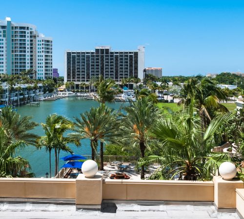 Luxury resort buildings at Sarasota Bay in Florida