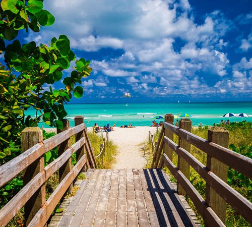 Walkway to famous South Beach, Miami Beach, Florida